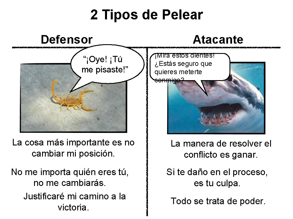 2 Tipos de Pelear Defensor “¡Oye! ¡Tú me pisaste!” La cosa más importante es