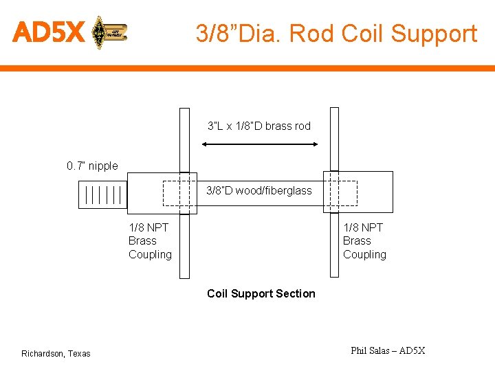 AD 5 X 3/8”Dia. Rod Coil Support 3”L x 1/8”D brass rod 0. 7”