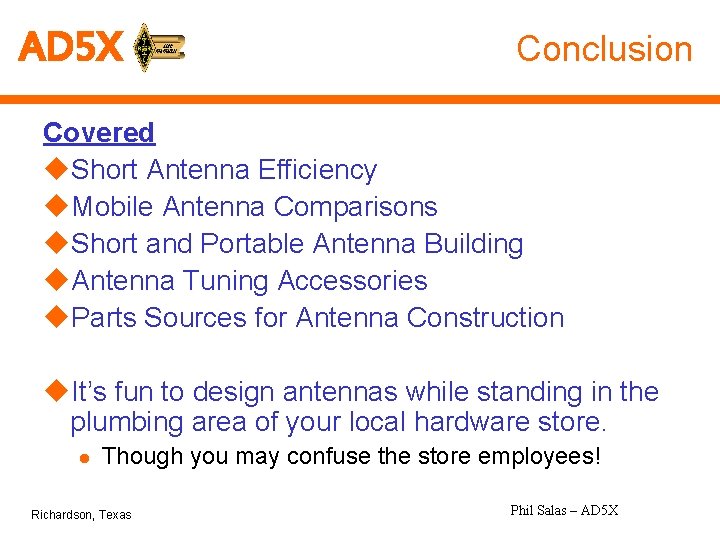 AD 5 X Conclusion Covered u. Short Antenna Efficiency u. Mobile Antenna Comparisons u.