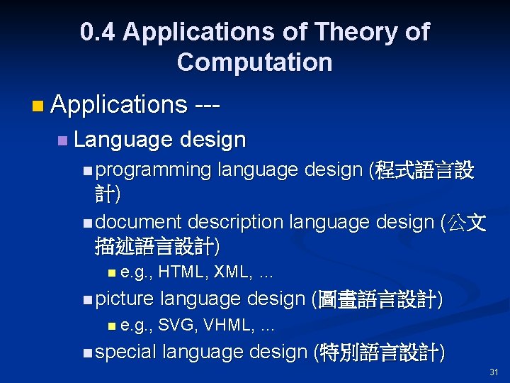 0. 4 Applications of Theory of Computation n Applications n Language --- design n