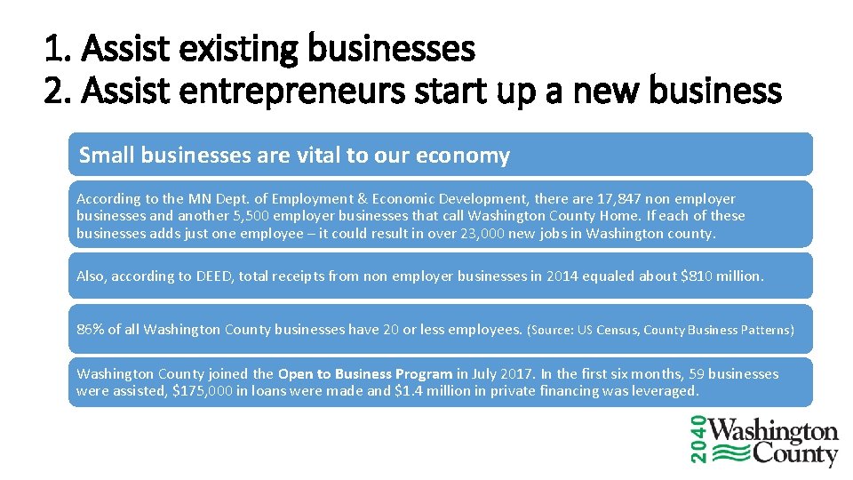 1. Assist existing businesses 2. Assist entrepreneurs start up a new business Small businesses