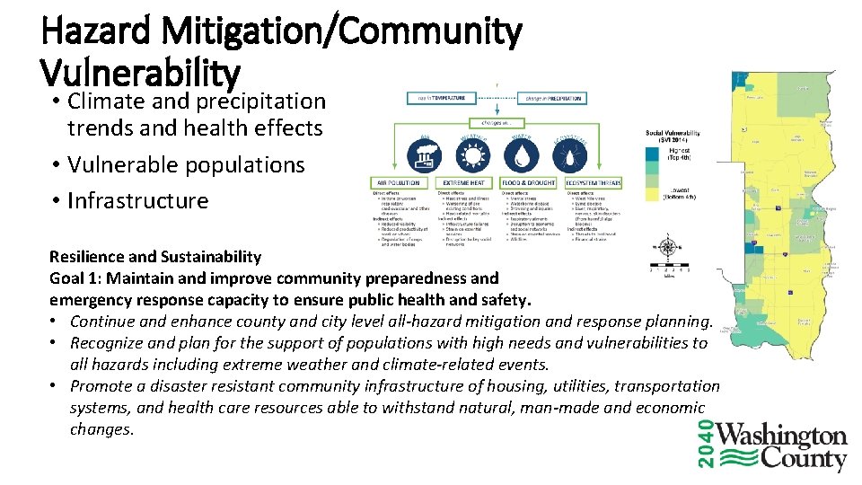 Hazard Mitigation/Community Vulnerability • Climate and precipitation trends and health effects • Vulnerable populations