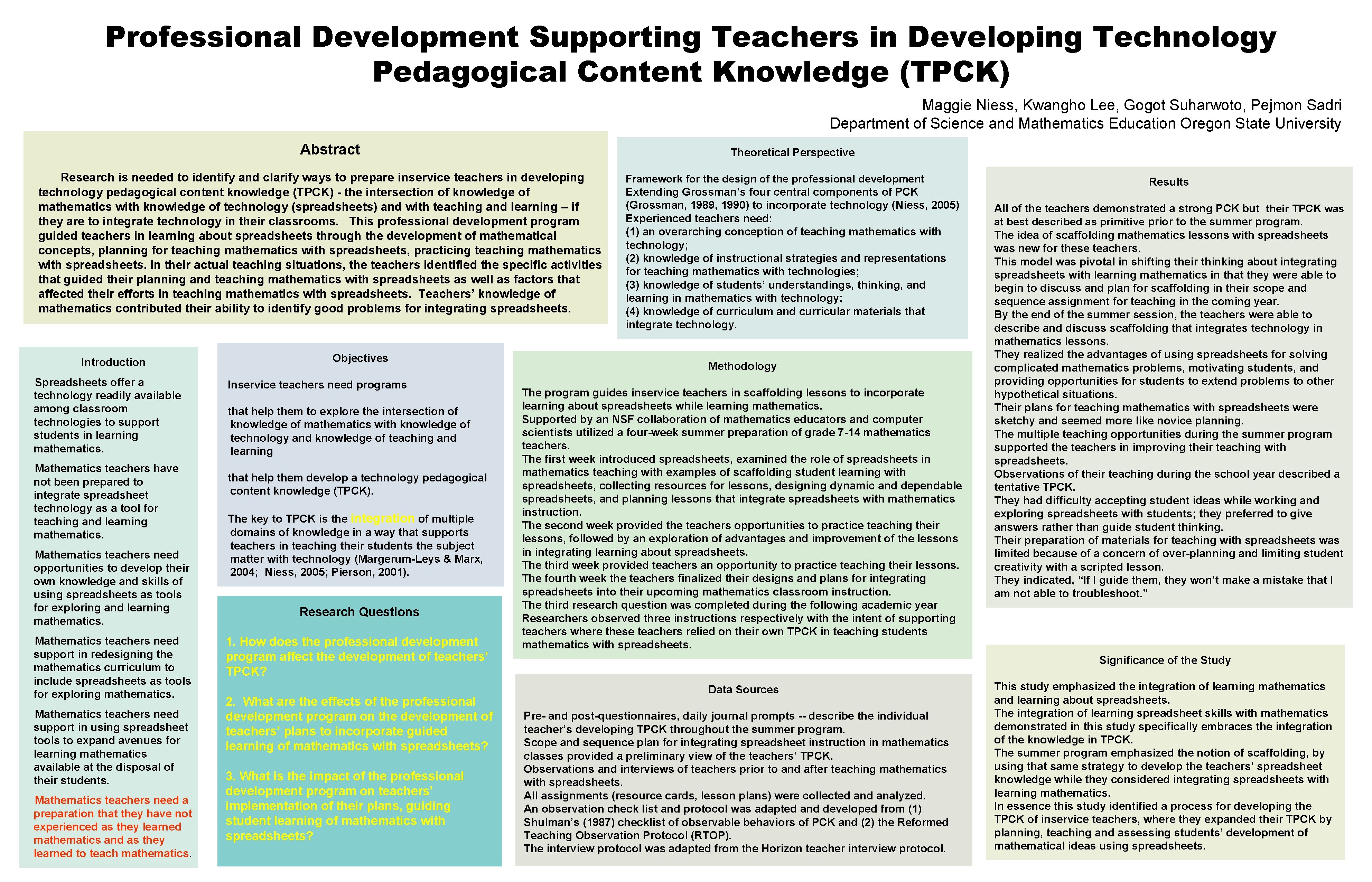 Professional Development Supporting Teachers in Developing Technology Pedagogical Content Knowledge (TPCK) Maggie Niess, Kwangho