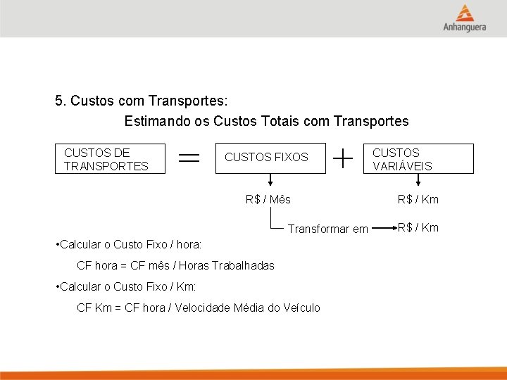 5. Custos com Transportes: Estimando os Custos Totais com Transportes CUSTOS DE TRANSPORTES =