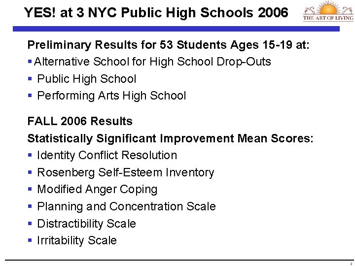 YES! at 3 NYC Public High Schools 2006 Preliminary Results for 53 Students Ages