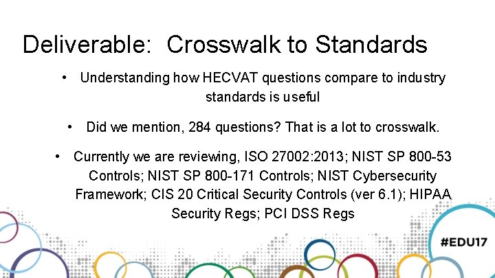 Deliverable: Crosswalk to Standards • Understanding how HECVAT questions compare to industry standards is