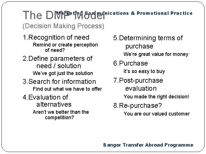 Marketing Communications & Promotional Practice The DMP Model (Decision Making Process) 1. Recognition of