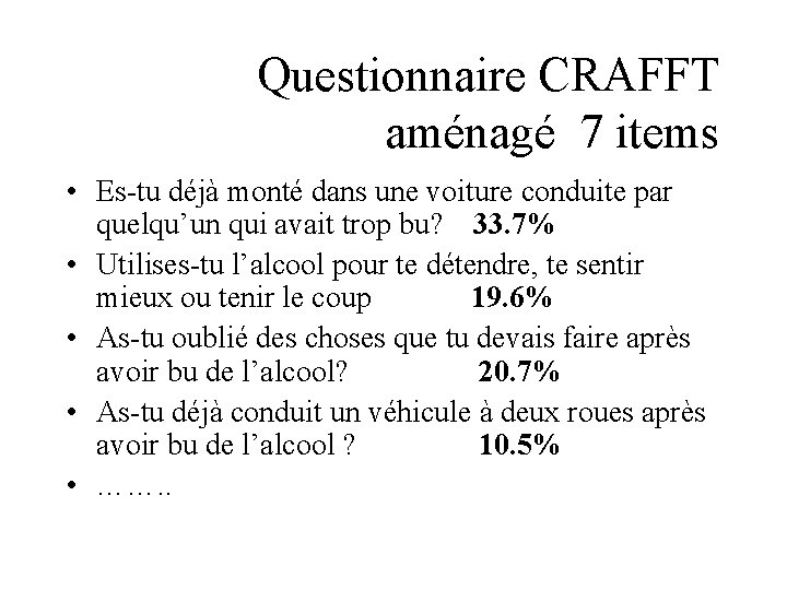 Questionnaire CRAFFT aménagé 7 items • Es-tu déjà monté dans une voiture conduite par