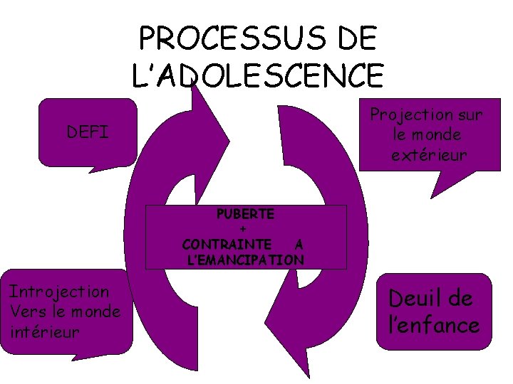 PROCESSUS DE L’ADOLESCENCE Projection sur le monde extérieur DEFI PUBERTE + CONTRAINTE A L’EMANCIPATION