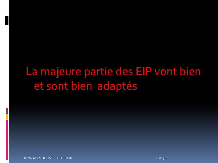 La majeure partie des EIP vont bien et sont bien adaptés Dr Viviane MOULIS