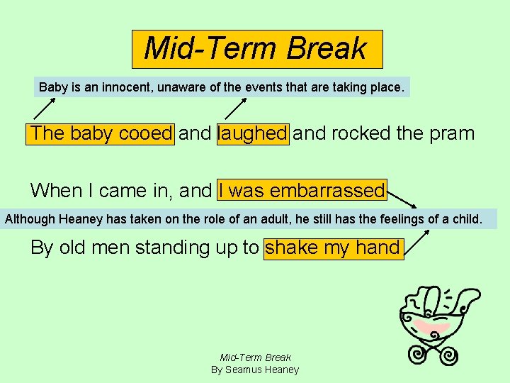 Mid-Term Break Baby is an innocent, unaware of the events that are taking place.