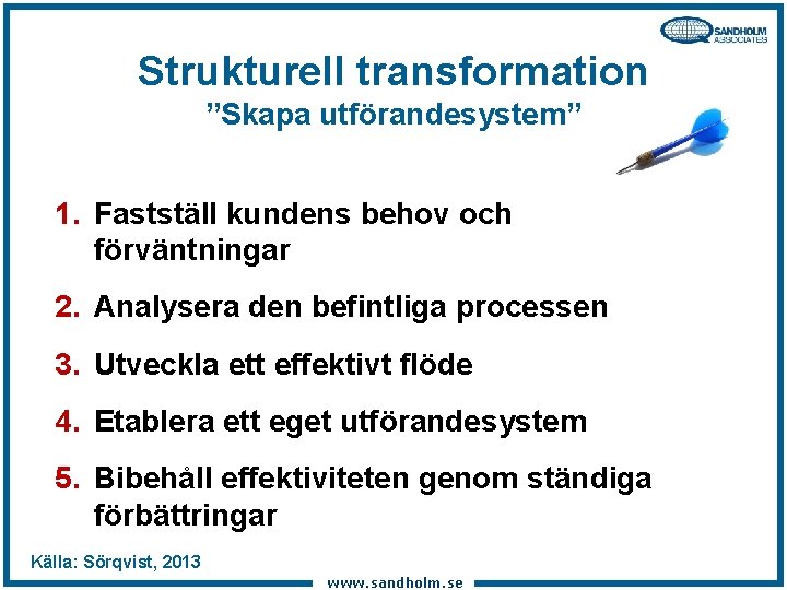 Strukturell transformation ”Skapa utförandesystem” 1. Fastställ kundens behov och förväntningar 2. Analysera den befintliga