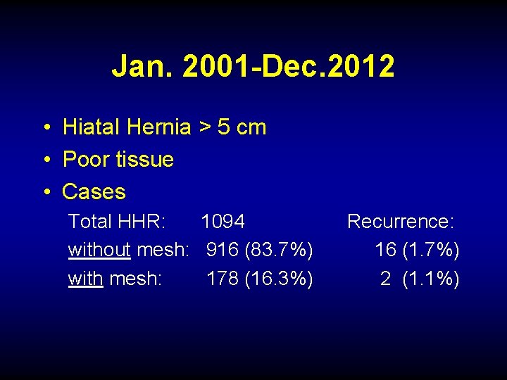 Jan. 2001 -Dec. 2012 • Hiatal Hernia > 5 cm • Poor tissue •