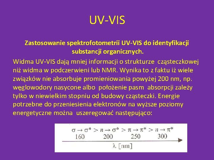 UV-VIS Zastosowanie spektrofotometrii UV-VIS do identyfikacji substancji organicznych. Widma UV-VIS dają mniej informacji o