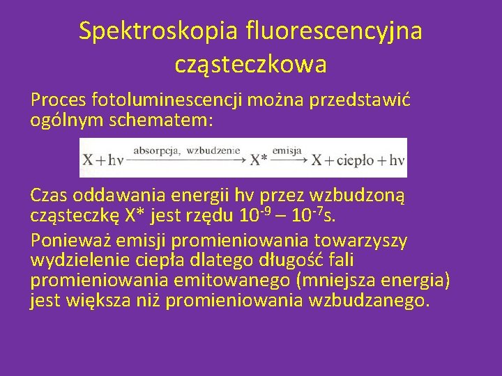 Spektroskopia fluorescencyjna cząsteczkowa Proces fotoluminescencji można przedstawić ogólnym schematem: Czas oddawania energii hv przez