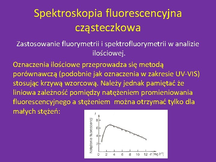 Spektroskopia fluorescencyjna cząsteczkowa Zastosowanie fluorymetrii i spektrofluorymetrii w analizie ilościowej. Oznaczenia ilościowe przeprowadza się