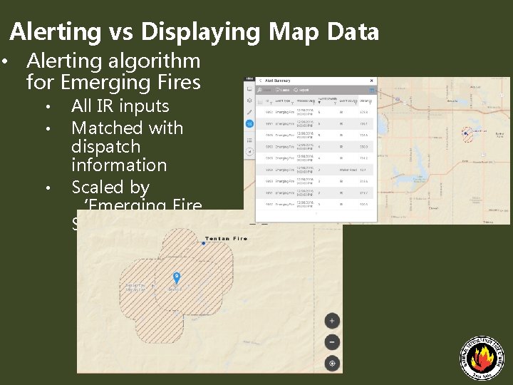 Alerting vs Displaying Map Data • Alerting algorithm for Emerging Fires • • •