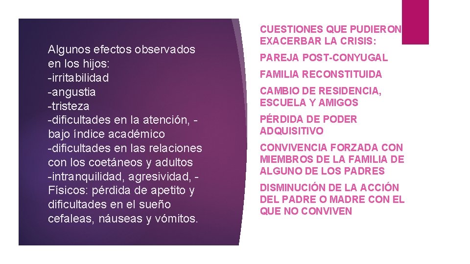 Algunos efectos observados en los hijos: -irritabilidad -angustia -tristeza -dificultades en la atención, bajo
