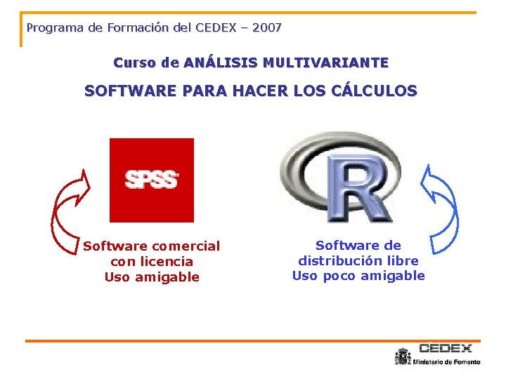 Programa de Formación del CEDEX – 2007 Curso de ANÁLISIS MULTIVARIANTE SOFTWARE PARA HACER