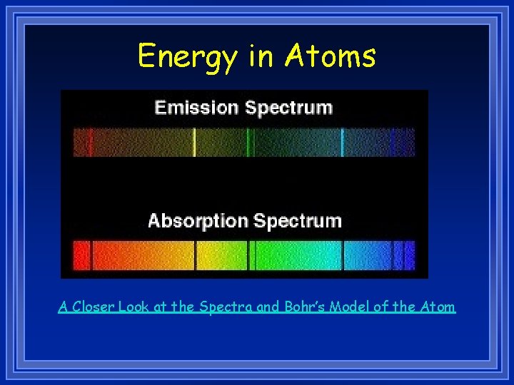 Energy in Atoms A Closer Look at the Spectra and Bohr’s Model of the