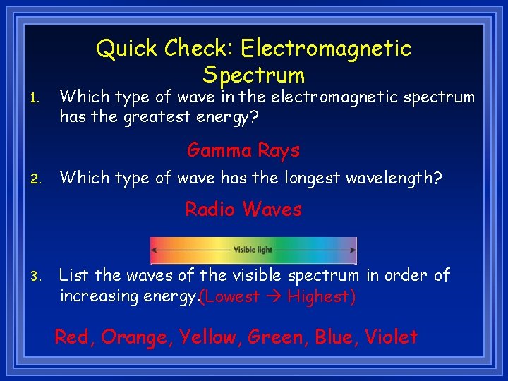 1. Quick Check: Electromagnetic Spectrum Which type of wave in the electromagnetic spectrum has
