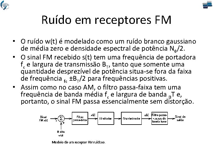 Ruído em receptores FM • O ruído w(t) é modelado como um ruído branco