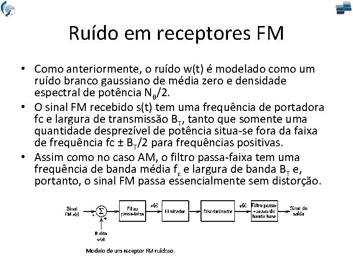 Ruído em receptores FM • Como anteriormente, o ruído w(t) é modelado como um