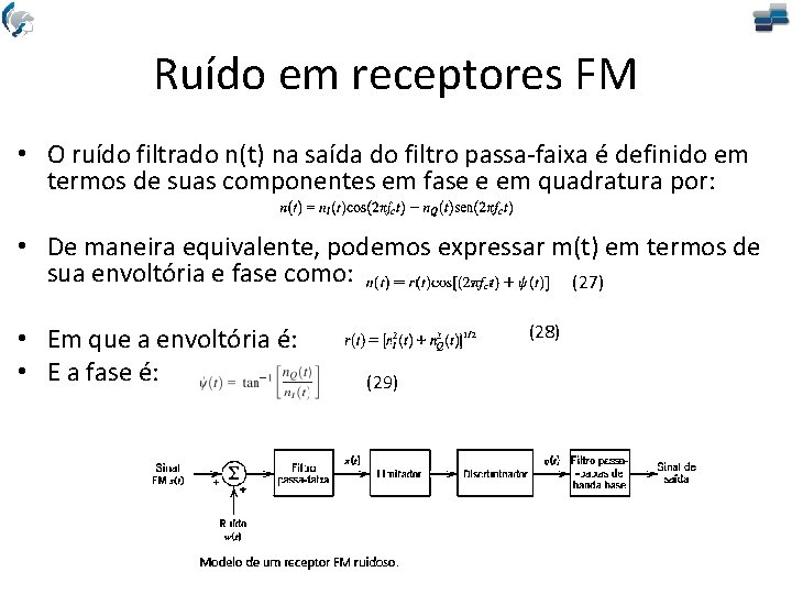 Ruído em receptores FM • O ruído filtrado n(t) na saída do filtro passa-faixa
