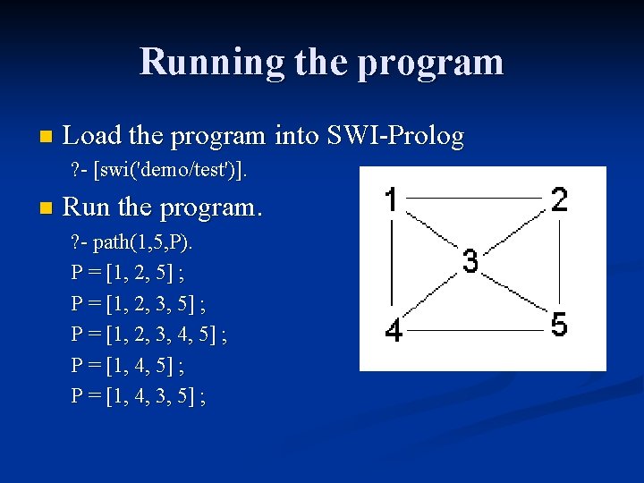 Running the program n Load the program into SWI-Prolog ? - [swi('demo/test')]. n Run