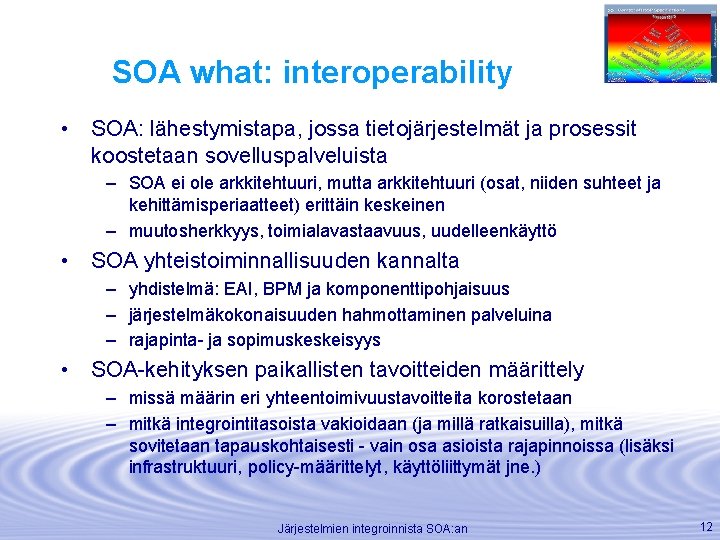 SOA what: interoperability • SOA: lähestymistapa, jossa tietojärjestelmät ja prosessit koostetaan sovelluspalveluista – SOA