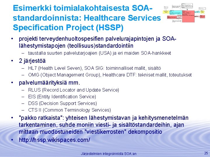 Esimerkki toimialakohtaisesta SOAstandardoinnista: Healthcare Services Specification Project (HSSP) • projekti terveydenhuoltospesifien palvelurajapintojen ja SOAlähestymistapojen