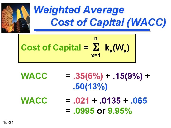 Weighted Average Cost of Capital (WACC) n Cost of Capital = 15 -21 S