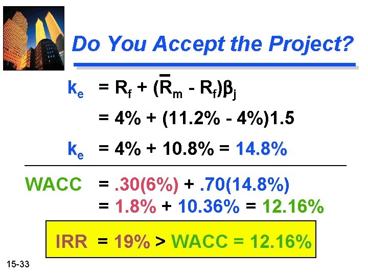 Do You Accept the Project? ke = Rf + (Rm - Rf)bj = 4% Do You Accept the Project? ke = Rf + (Rm - Rf)bj = 4%