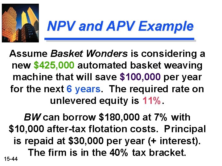 NPV and APV Example Assume Basket Wonders is considering a new $425, 000 automated