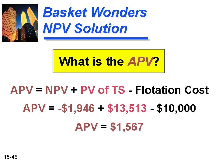 Basket Wonders NPV Solution What is the APV? APV = NPV + PV of