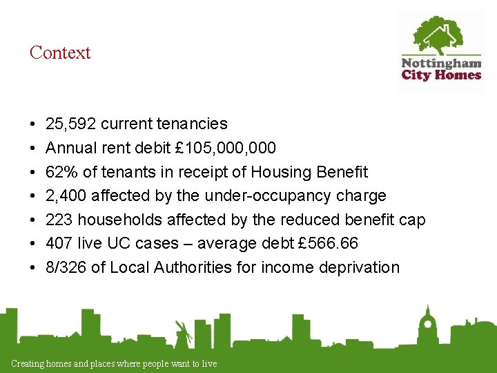Context • • 25, 592 current tenancies Annual rent debit £ 105, 000 62%