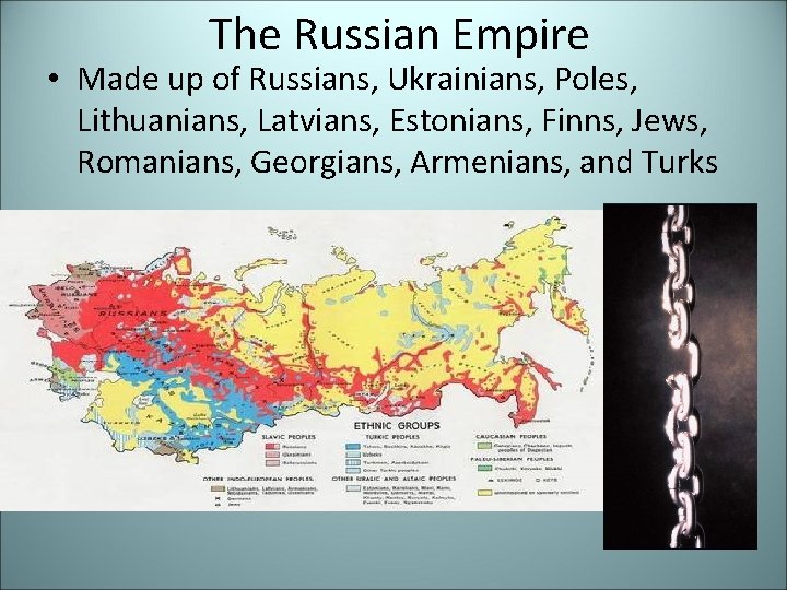 The Russian Empire • Made up of Russians, Ukrainians, Poles, Lithuanians, Latvians, Estonians, Finns,