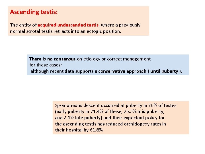 Ascending testis: The entity of acquired undescended testis, where a previously normal scrotal testis