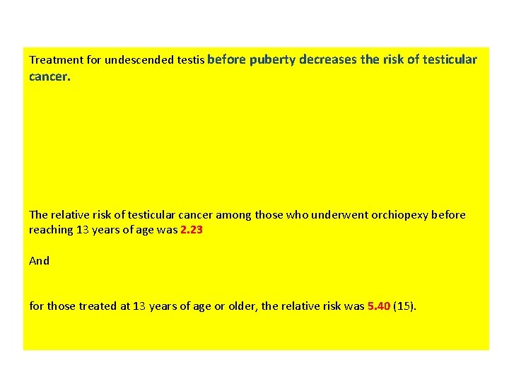 Treatment for undescended testis before puberty decreases the risk of testicular cancer. The relative Treatment for undescended testis before puberty decreases the risk of testicular cancer. The relative