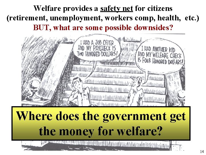 Welfare provides a safety net for citizens (retirement, unemployment, workers comp, health, etc. ) Welfare provides a safety net for citizens (retirement, unemployment, workers comp, health, etc. )