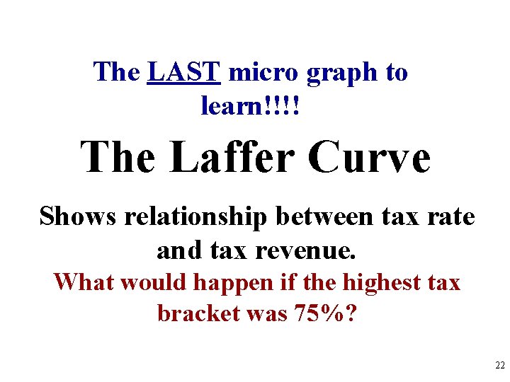 The LAST micro graph to learn!!!! The Laffer Curve Shows relationship between tax rate The LAST micro graph to learn!!!! The Laffer Curve Shows relationship between tax rate