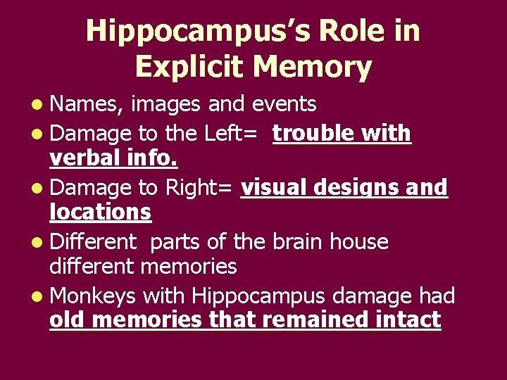 Hippocampus’s Role in Explicit Memory l Names, images and events l Damage to the