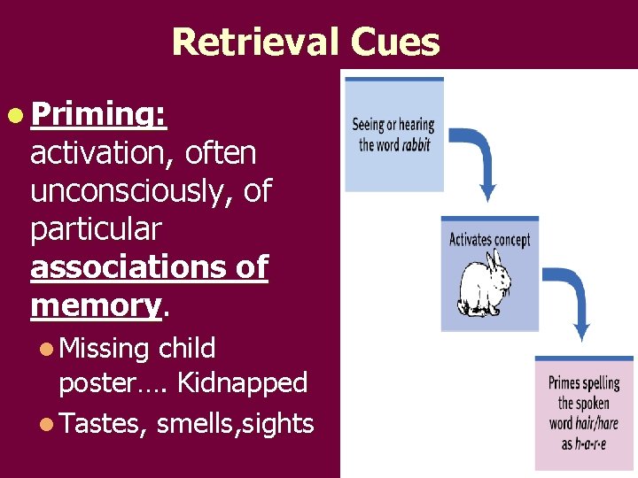 Retrieval Cues l Priming: activation, often unconsciously, of particular associations of memory. l Missing Retrieval Cues l Priming: activation, often unconsciously, of particular associations of memory. l Missing