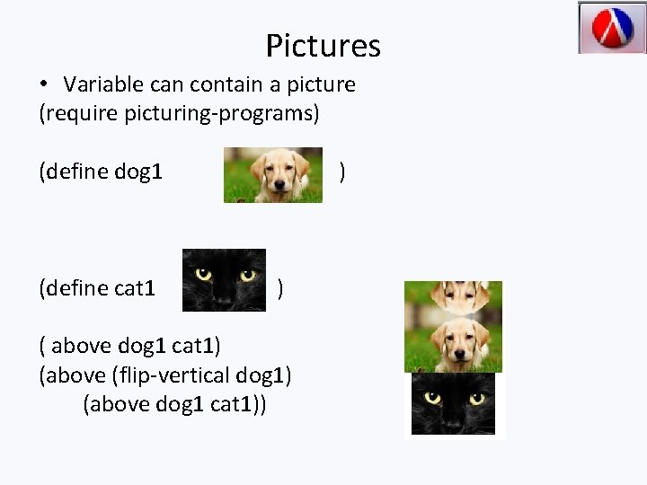 Pictures • Variable can contain a picture (require picturing-programs) (define dog 1 (define cat