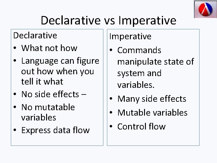 Declarative vs Imperative Declarative • What not how • Language can figure out how