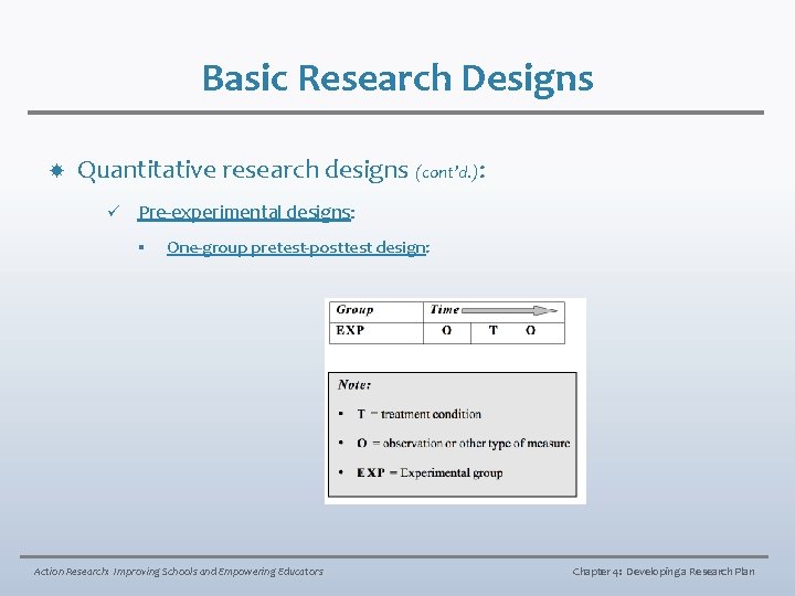 Basic Research Designs Quantitative research designs (cont’d. ): ü Pre-experimental designs: § One-group pretest-posttest