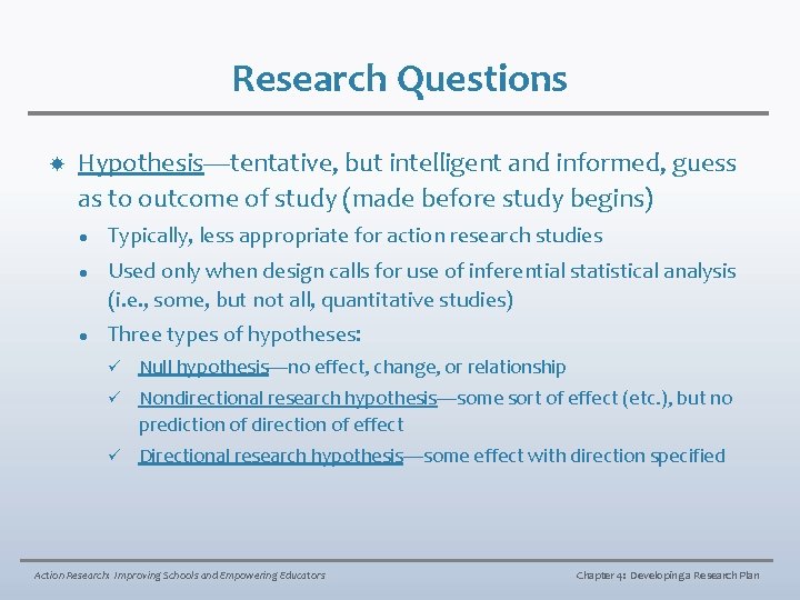 Research Questions Hypothesis—tentative, but intelligent and informed, guess as to outcome of study (made