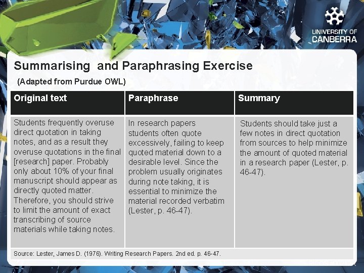 Summarising and Paraphrasing Exercise (Adapted from Purdue OWL) Original text Paraphrase Summary Students frequently