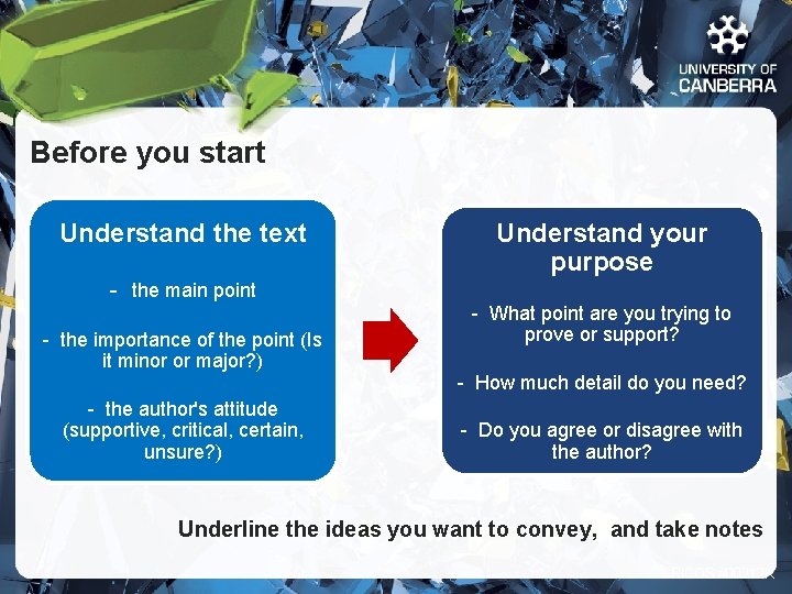 Before you start Understand the text - the main point - the importance of