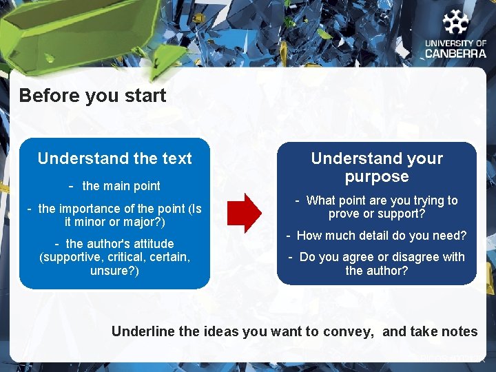 Before you start Understand the text - the main point - the importance of